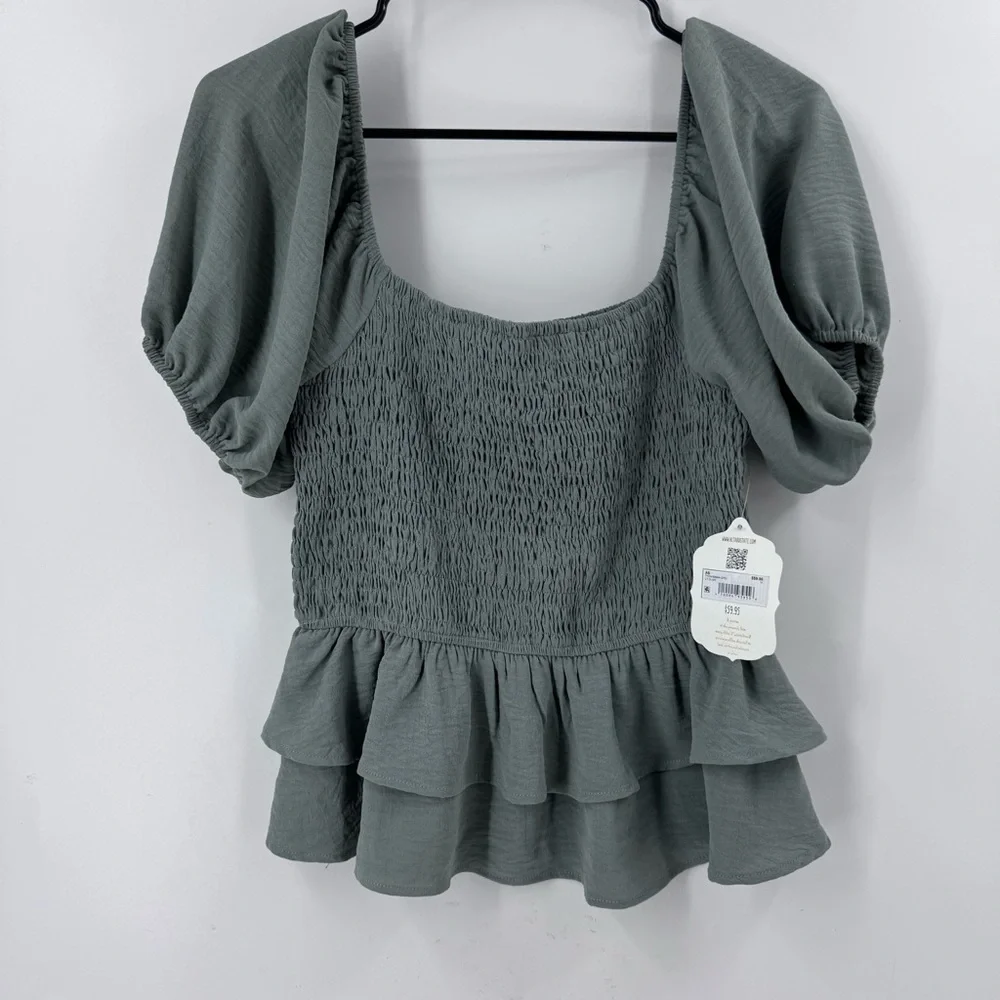 Altar'd State Green Peplum Blouse with Ruffled Short Sleeves - Picture 2 of 8